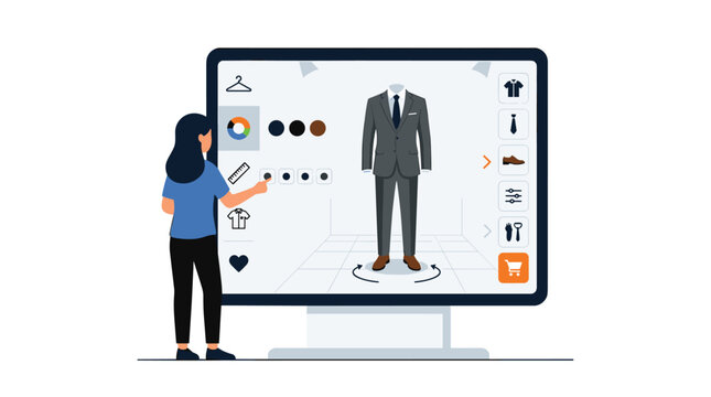 A woman interacts with a large digital screen to select custom color options for a 3D tailored suit model within a clean studio setting under neutral lighting conditions.