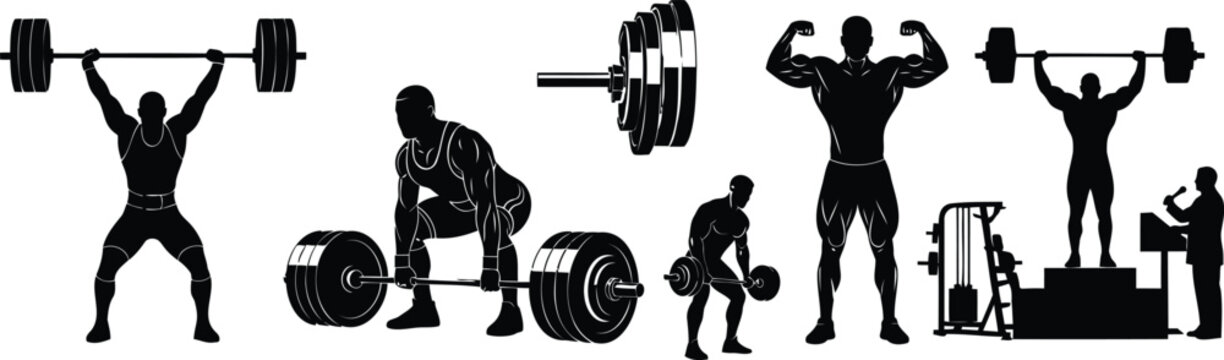 Weightlifting bodybuilding silhouette vector art set.