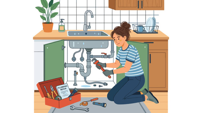 A woman kneels on the kitchen floor while using a heavy pipe wrench to perform repairs on leaking drain pipes located beneath a wooden kitchen sink cabinet frame.