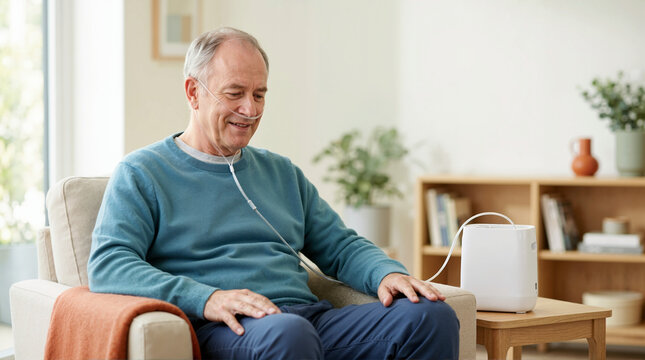 Senior man using portable oxygen concentrator at home. Elderly male patient with nasal cannula for respiratory therapy. Home healthcare and wellness concept