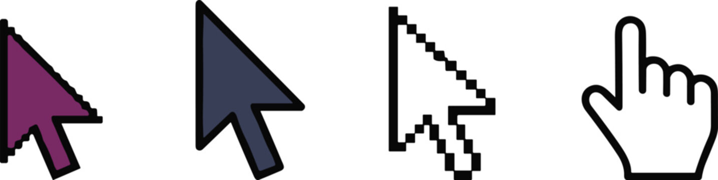 Set of four computer cursor icons showing pixelated arrow, smooth arrow, classic pointer, and hand click symbol for user interface design