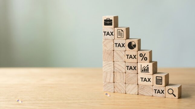 Wooden blocks arranged to spell TAX, highlighting tax system concepts, on a wooden surface