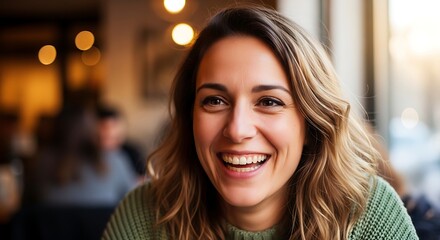 Obraz premium Happy young woman smiling during a casual conversation in a cozy cafe.