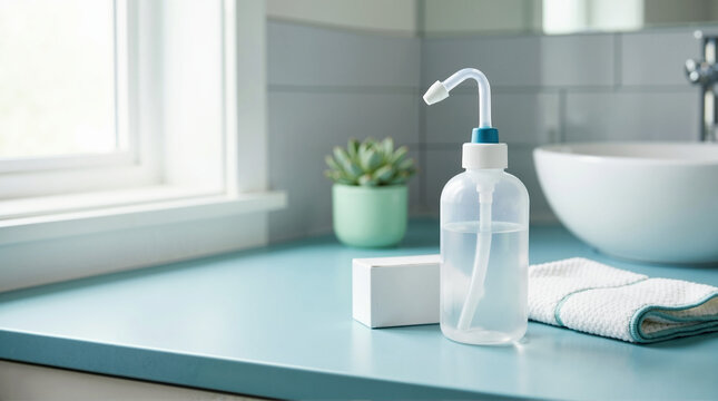 Nasal irrigation bottle for sinus rinse on a bathroom countertop. Medical treatment for allergies and respiratory health. Home healthcare concept