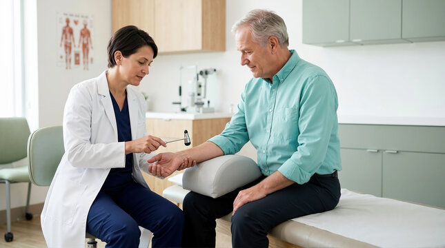 Neurologist testing hand reflexes with a hammer. Female doctor examining senior male patient in a clinic. Medical checkup and healthcare concept
