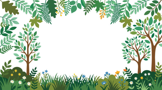 Vibrant forest scene with lush green trees and colorful flowers in full bloom