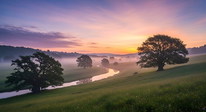 Serene morning landscape featuring a winding river through a misty green meadow with silhouetted oak trees under a vibrant pastel sunrise sky in the countryside
