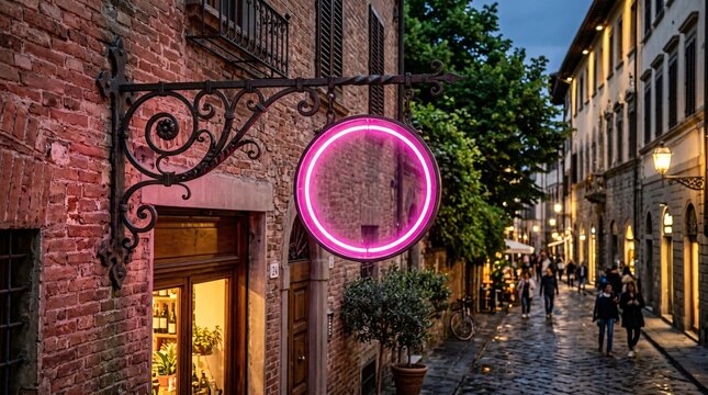 Ornate wrought iron bracket securely holds a blank circular glowing neon pink storefront sign mounted on the brick exterior of a building.