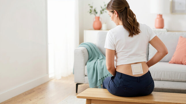 Woman with pain relief patch on lower back sitting at home. Medicated adhesive plaster for muscle ache. Back pain treatment concept
