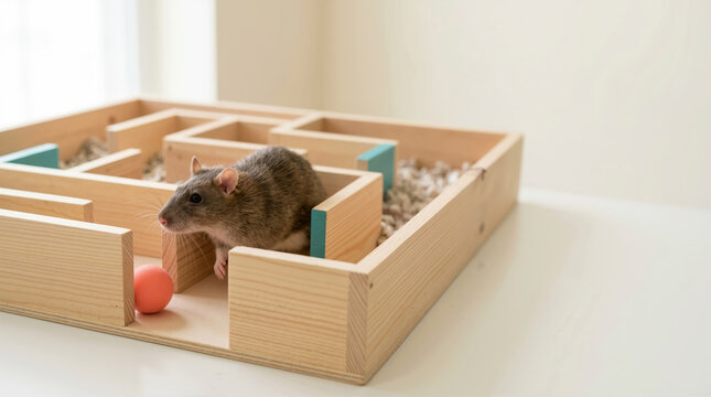 Brown pet rat navigating a wooden maze. Rodent looking at an orange ball inside a labyrinth. Animal intelligence and problem solving concept