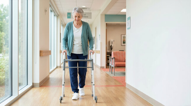 Senior woman using a walker in a hospital corridor. Elderly patient undergoing physical therapy and rehabilitation. Mobility assistance for recovery in healthcare facility