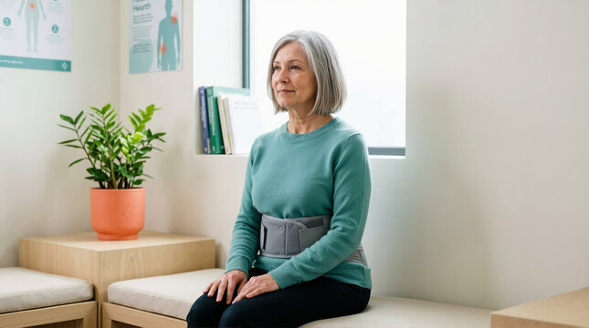 Senior woman wearing a lumbar back support belt in a clinic. Orthopedic brace for chronic pain management and spinal support. Elderly patient in a medical waiting room