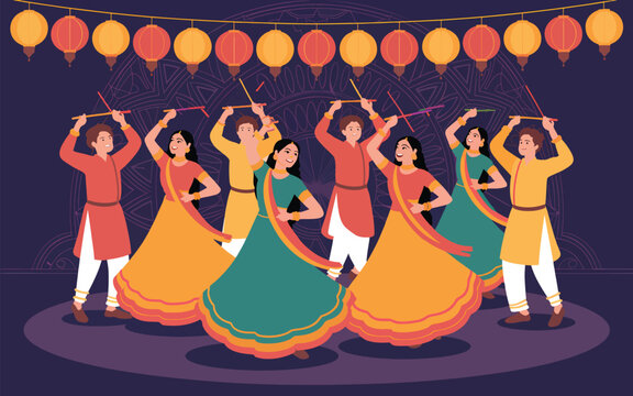 A group of indian men and women in traditional clothing performing the dandiya raas folk dance with sticks