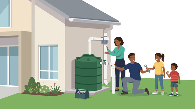 Family installing rainwater harvesting tank in front of house.