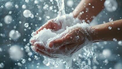 Fototapeta premium Artistic Soap Foam Bubbles Around Hands Washing, Conceptual Hygiene Scene