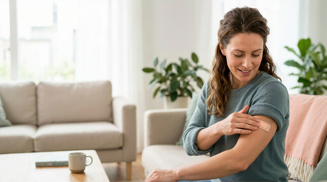 Woman applying a medicated patch to her upper arm at home. Vaccination or transdermal treatment concept. Self-care and medical healthcare routine