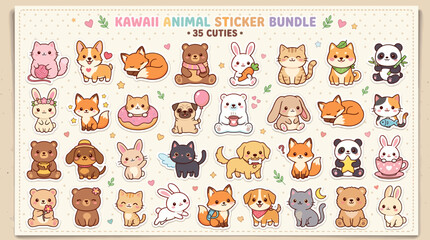 Fototapeta premium Whimsical Animal Sticker Pack: A delightful array of adorable animal stickers, each exuding charm and personality, perfect for adding a touch of cuteness to any project or design.