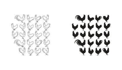 Rooster icon pattern set featuring multiple chicken poses in clean line art and solid black silhouette styles for farm and agricultural branding © Nexus