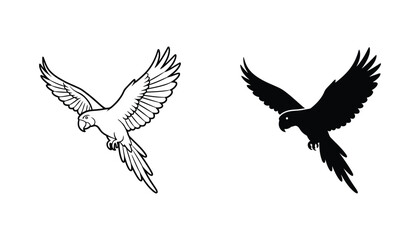 Flying macaw parrot silhouette and line art icon set for tropical design © Nexus