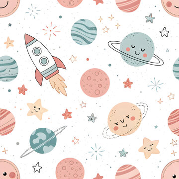 seamless pattern with planets, stars, rockets, soft pastel colors, minimal cute illustration style, playful composition
