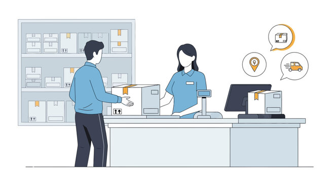 Customer sending package at post office counter with delivery icons