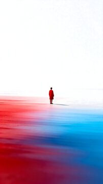 Lonely Figure Standing Between Red And Blue Gradient Space