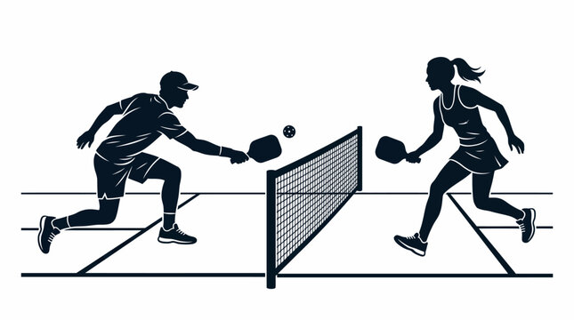 vector illustration of two players in action on a pickleball court, hitting a ball back and forth over a net.