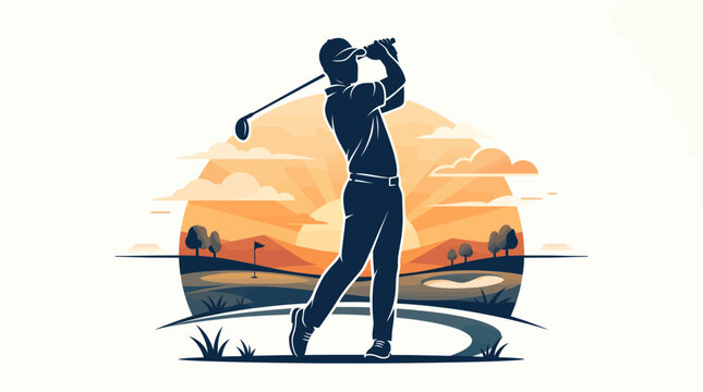 vector silhouette of a golfer swinging a club at sunset on a golf course.
