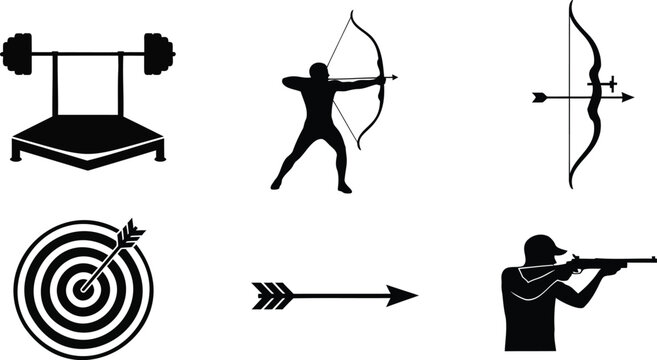 Archery practice and target shooting sport silhouette vector set for training session.