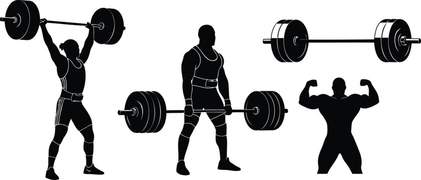 Weightlifting bodybuilding vector silhouette illustration set showing athletes and barbells.
