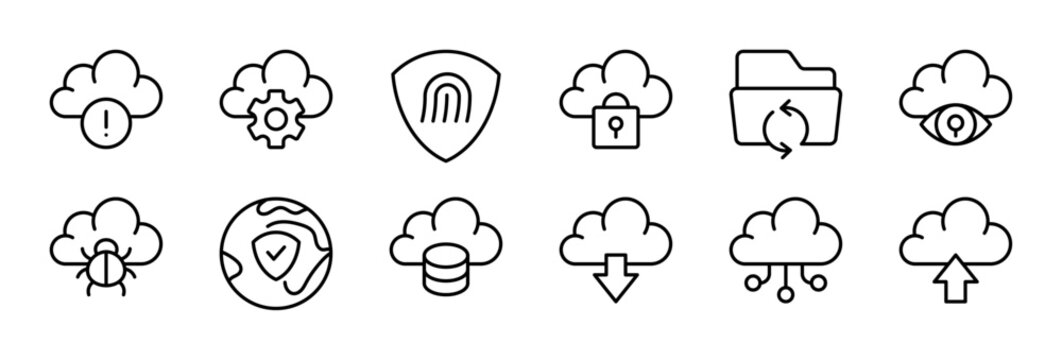 Cloud Security thin line icon set. Digital Protection, Cybersecurity, Data Privacy, Secure Network, Encryption concept. Black outline vector icons collection.