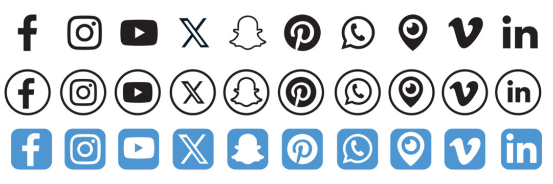 Social network vector icons for digital marketing. Various styles of platform logos including Vimeo, Periscope, and X for web and mobile UI.