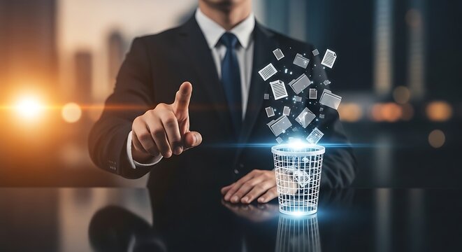 Businessman digitally deleting files and documents into a glowing trash bin, representing data cleanup and digital organization.