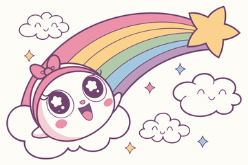 Fototapeta premium Cute cartoon character with starry eyes and pink bow headpiece floating on cloud with rainbow and large star in starry sky for children nursery decor or playful graphic design project needs.