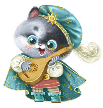 Cute cartoon kitten minstrel in medieval costume plays the lute and sings a song