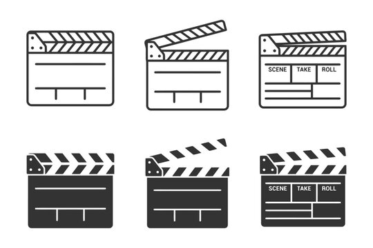 Set of six black and white film clapperboard icons for movie production.