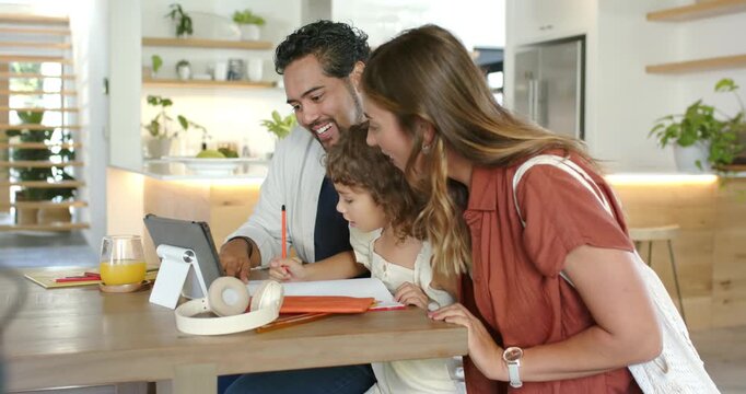 Diverse family dad tapping tablet in kitchen mom holding book pencil child writing parents teaching