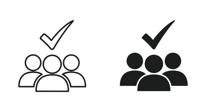 Verified group of people icon set featuring checkmark in thin line and solid black silhouette for community management and team verification interfaces