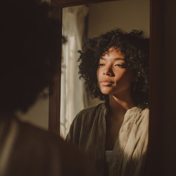 Intimate indoor portrait: woman studying her reflection in a framed mirror