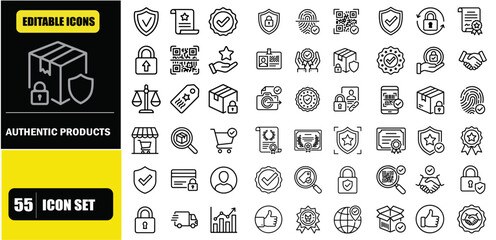 Product Authenticity Line Editable Icons Set – Genuine Goods Verification, Anti Counterfeit Protection, Authenticity Certificate, Brand Trust, Product Validation and Secure Retail Symbols in Modern Th © Hanzala's vectors 