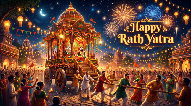 Happy rath yatra vector illustration with illuminated chariot and fireworks in night sky with devotees pulling rope for Jagannath festival
