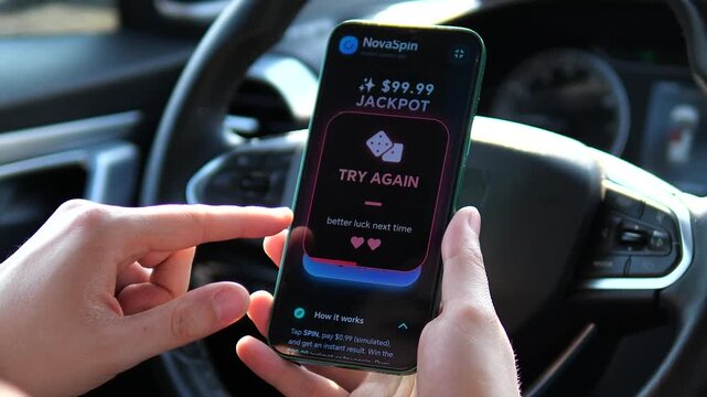 Close-up of a gambling app on a smartphone. Person playing for a jackpot while behind the wheel. Vibrant digital UI with losing message and retry button. Perfect for content about online betting risks