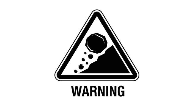 Falling rocks warning sign. Danger hazard symbol icon. Monochrome vector illustration for road safety and geological risk alert.