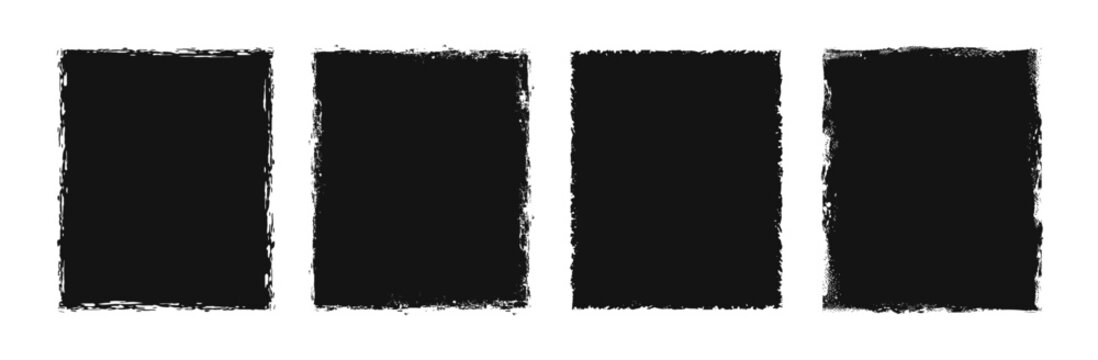 Grunge texture vector set with distressed black rectangles and rough edges. Vintage ink textures perfect for posters, overlays, t-shirt prints and retro graphic designs.