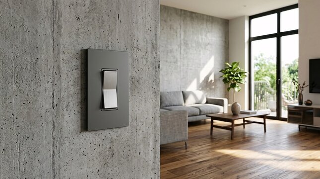 Sleek smart home light switch with a metallic silver toggle mounts cleanly on a textured grey concrete wall in a contemporary living room.