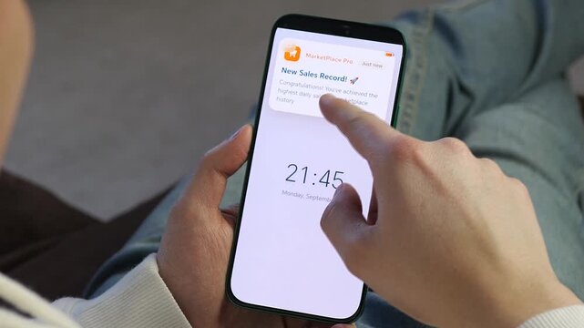 Entrepreneur receives a notification for a record-breaking sales day on a marketplace app. Dashboard shows high revenue, orders, and growth metrics. Perfect for e-commerce, dropshipping, and business