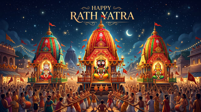 Happy rath yatra vector illustration with three illuminated chariots and devotees under starry night sky for Lord Jagannath festival banner
