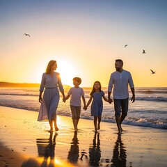 Fototapeta premium Happy family of four walking together along the sandy beach at sunset.
