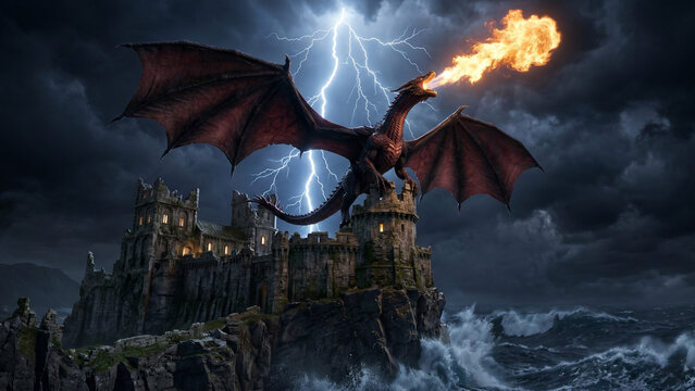 Colossal dragon with spread wings perched on crumbling clifftop fortress releasing fire breath into stormy night sky with lightning bolt and raging ocean waves below