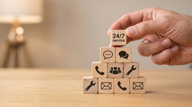 A person building a pyramid of wooden blocks that have customer service icons and a 24/7 service label